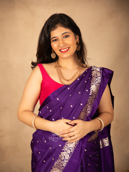 Purple Silk Saree with Floral Design - Diadem