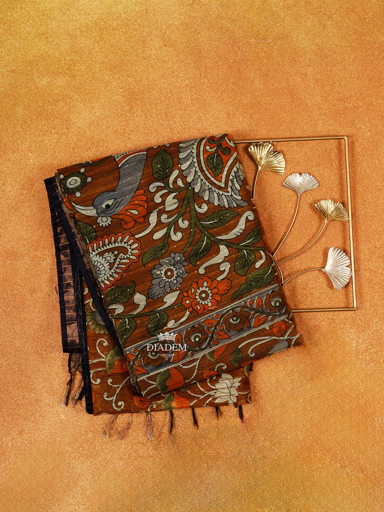 Rust Orange Cotton Saree with Multicolor Floral