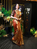 Antique Copper Maroon Geometric Zari Woven Design Pure Kanchipuram Silk Bridal Wear Saree with Matching Grand Gold Zari Border