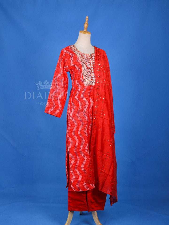 Red Crepe Straight Cut Salwar Suit for Women Adorned with Chevron Prints, With 3/4 Sleeves and Dupatta - Diadem