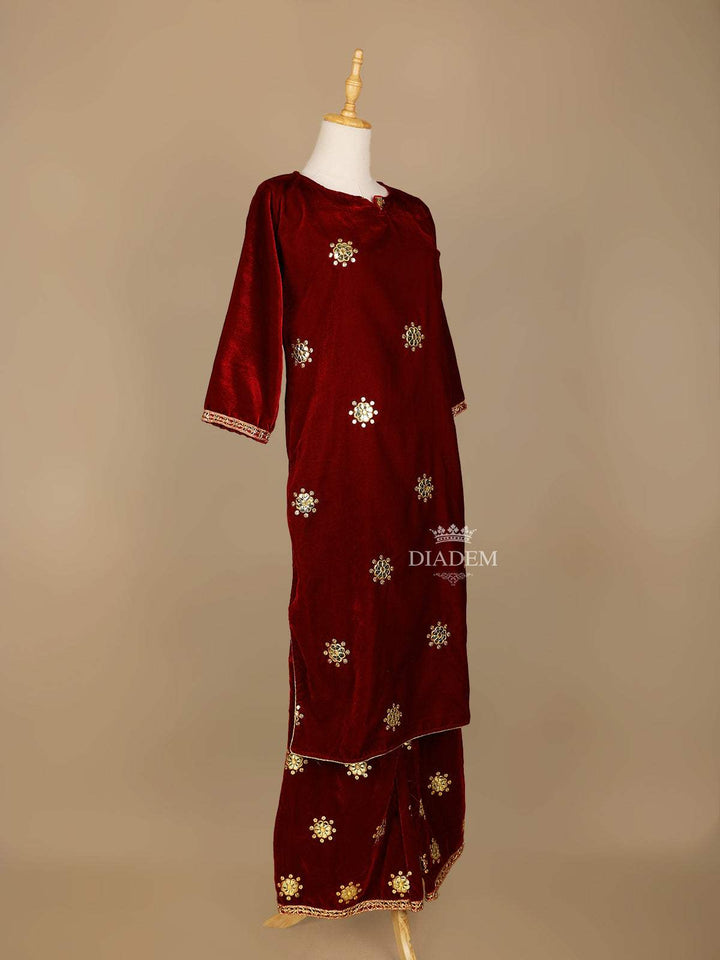 Dark Red Velvet Straight Cut Salwar Suit Adorned with Floral Embroidery, With 3/4 Sleeves and Notch Neck - Diadem