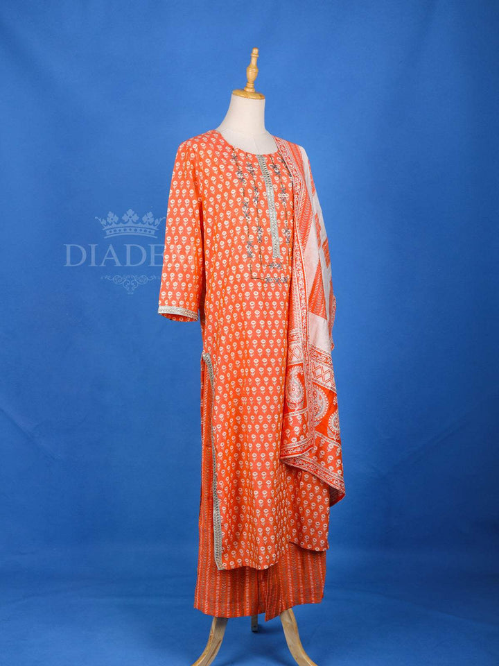 Orange Straight Cut Salwar Suit for Women Adorned with Floral Prints, With Dupatta and U-Neck - Diadem
