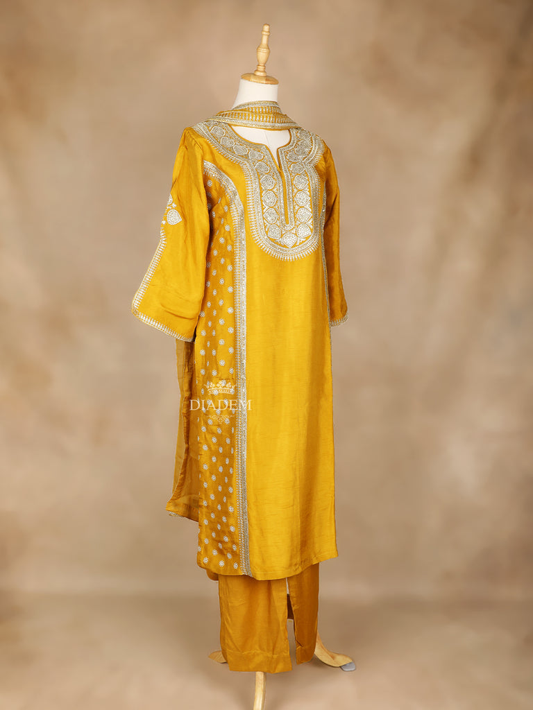 Mustard Yellow Straight Cut Salwar Suit Adorned With Floral Designs, with 3/4 Sleeve and Matching Dupatta