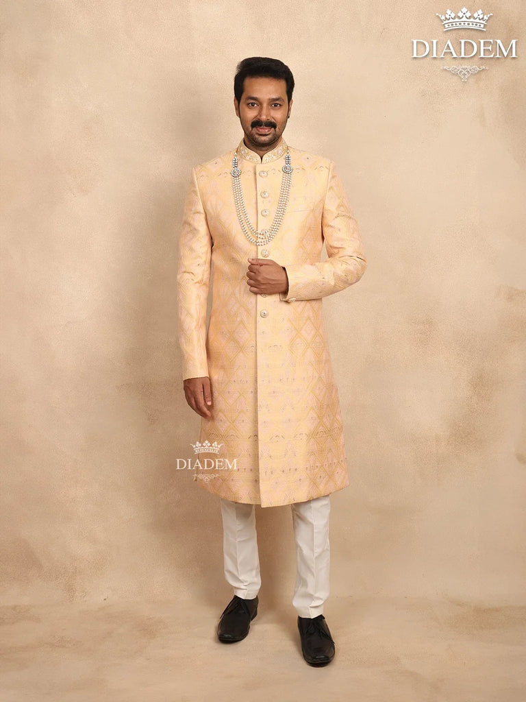 Sandal Jacquard Sherwani with Embossed 