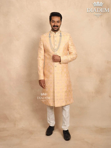 Sandal Jacquard Sherwani Suit Adorned with Embossed Details, Paired with Bead Mala - Diadem