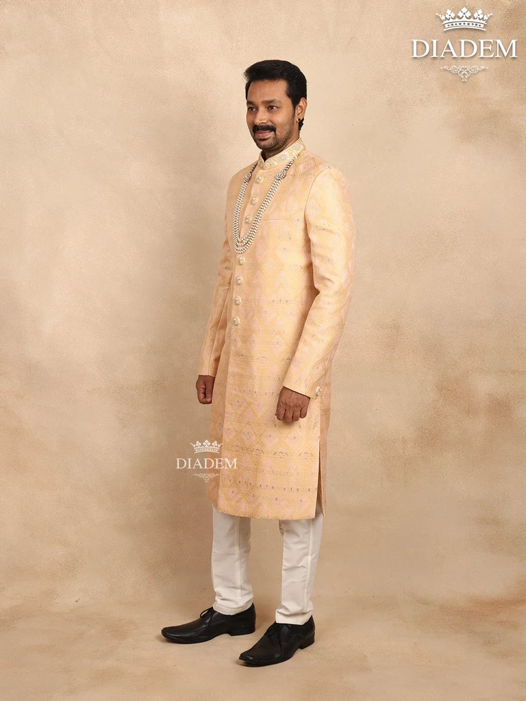 Sandal Sherwani Suit with Bead Mala and Embossed