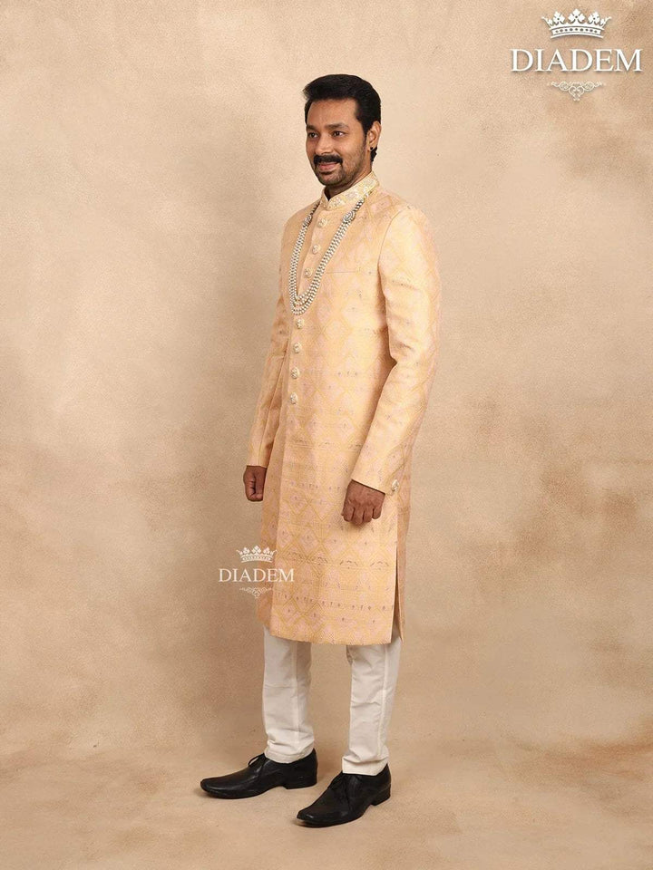 Sandal Jacquard Sherwani Suit Adorned with Embossed Details, Paired with Bead Mala - Diadem