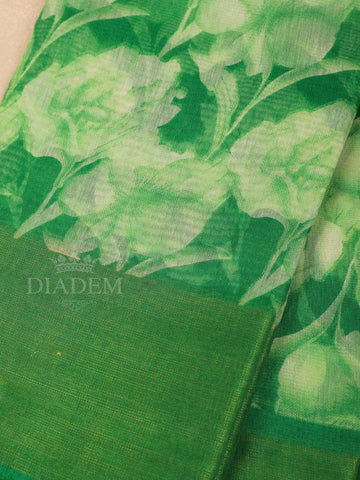 Parrot Green Cotton Saree With Floral Patterns On the Body with Matching Border - Diadem