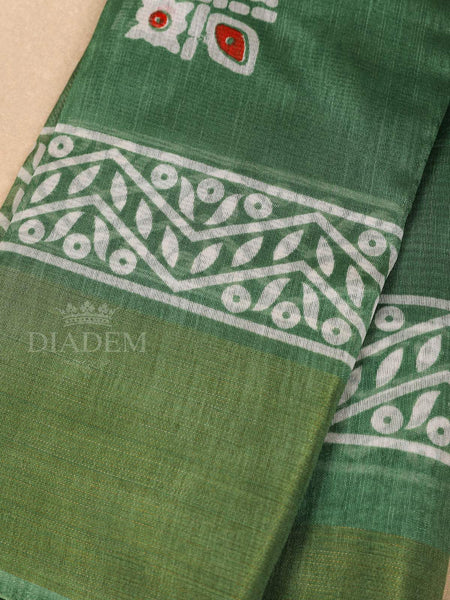 Green Cotton Saree With Geometric Patterns On the Body with Matching Border - Diadem