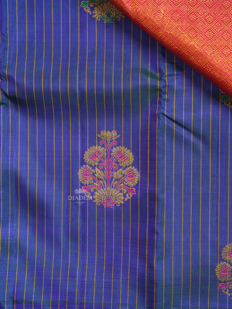 Royal Blue Pure Kanchipuram Silk Saree With Floral and Stripes Designs On the Body, With No Border