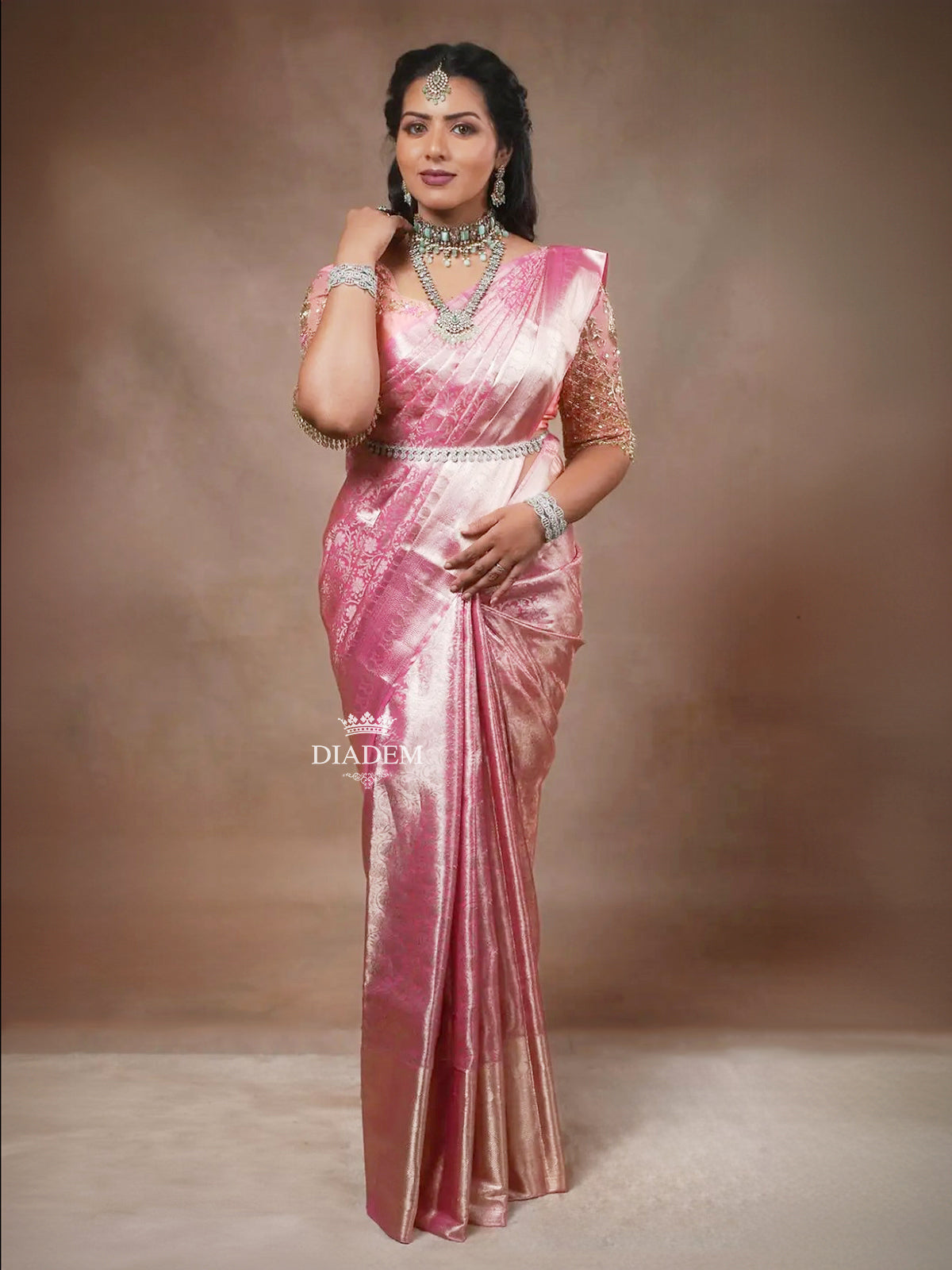 Pink Pure Kanchipuram Silk Saree With Floral Motifs On The Body With Designed Border