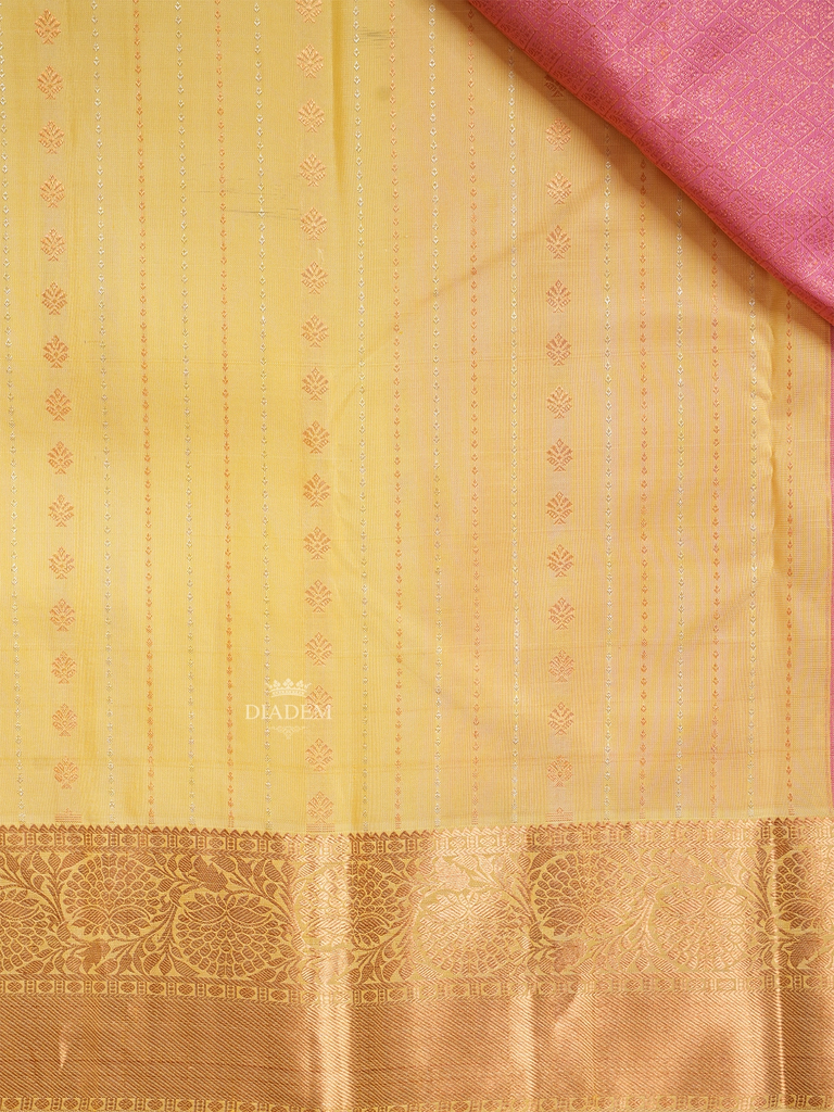 Pale Yellow Pure Kanchipuram Silk Saree With Floral Motifs and Stripes On the Body, With Designed Border