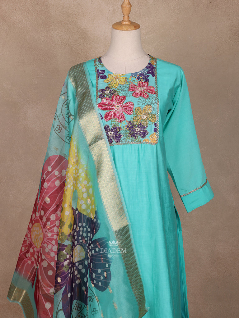 Semi Silk Aqua Blue Embroidery Salwar