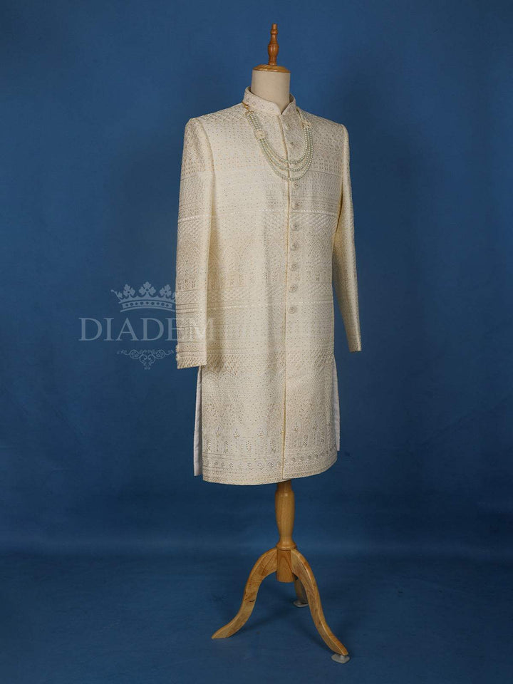 Cream Semi Silk Floral Designed Sherwani Suit - Diadem