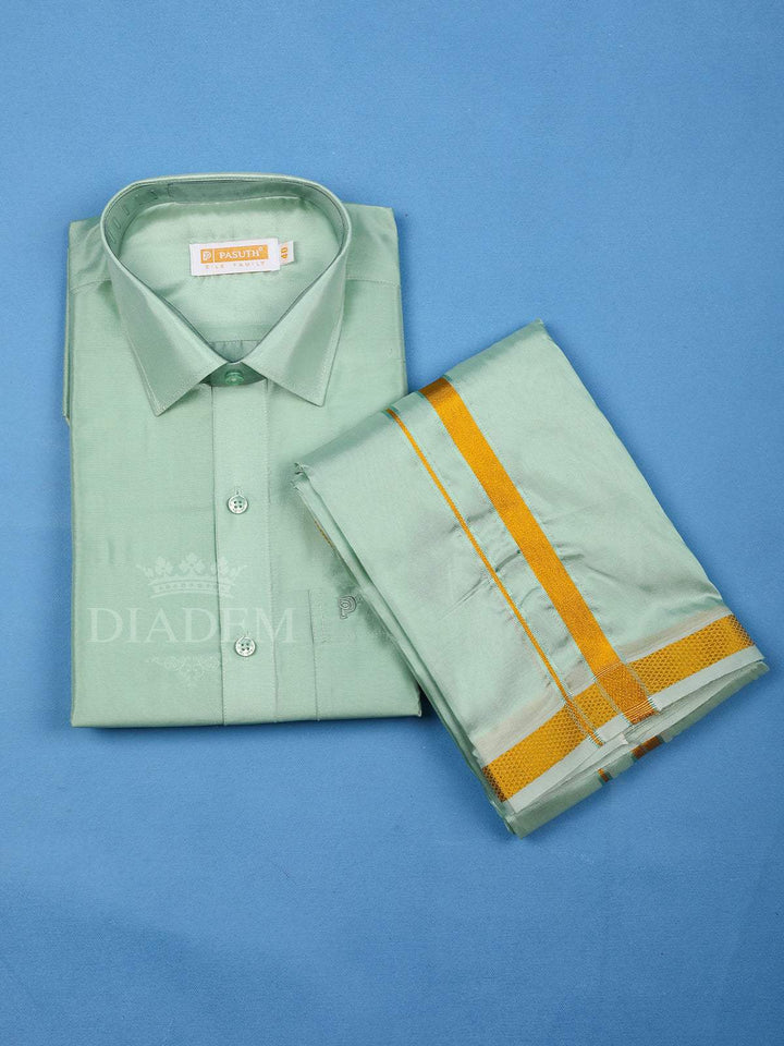 Pista Green Plain Semi Silk Full-Sleeve Shirt with Matching Dhoti Set - Diadem