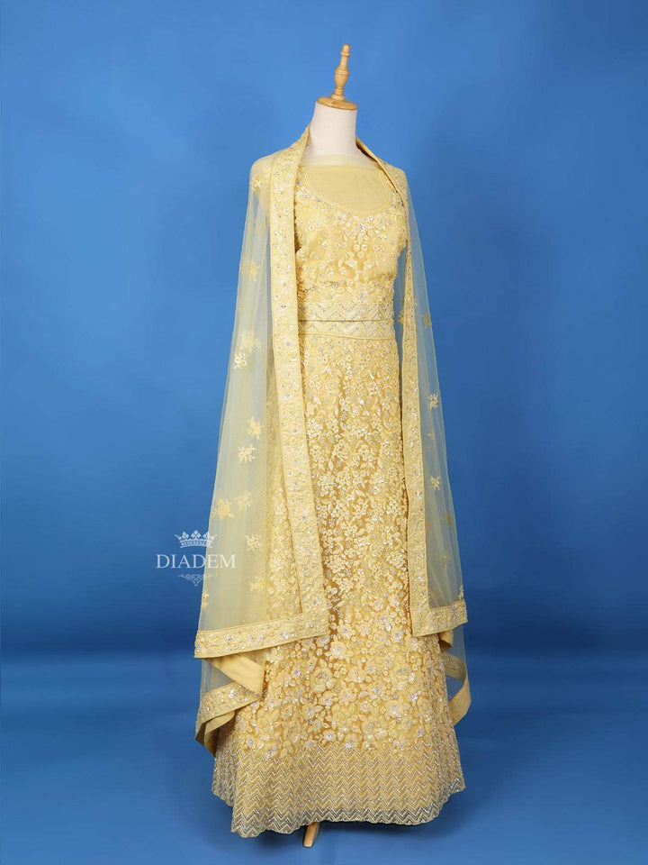 Yellow Semi Stitched Lehenga Adorned with Floral Sequins Embroidery Designs, with Net Dupatta - Diadem