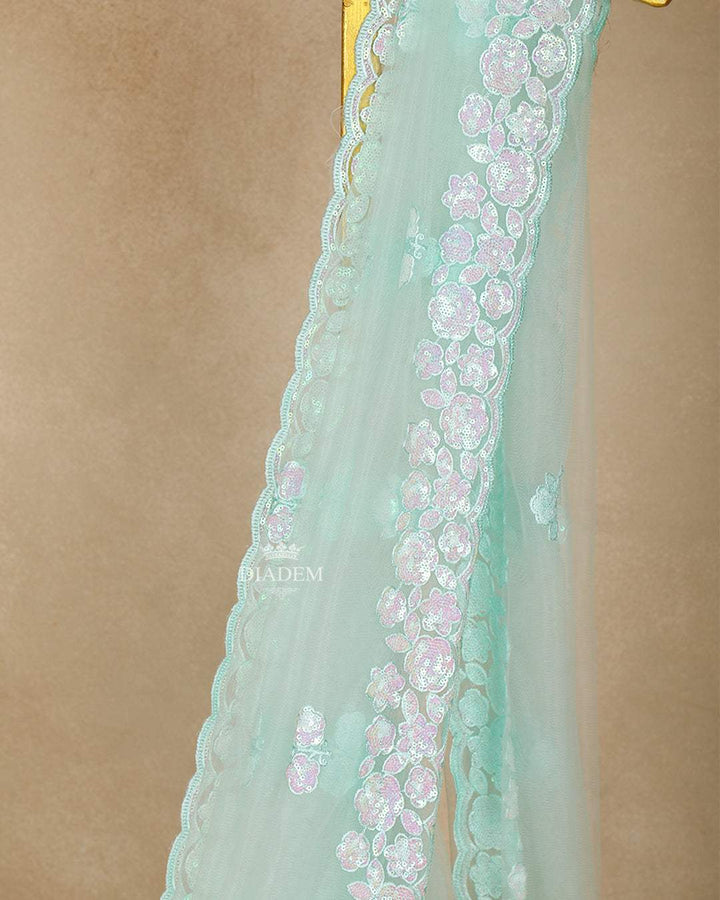 Sky Blue Sequin Embroidery Designed Net Saree - Diadem