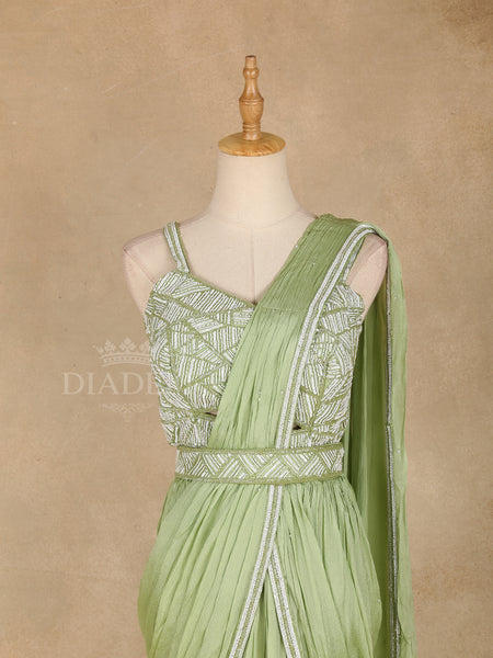 Pista Green Ready to wear Saree with Sequin Embroidery Designs, Paired with Designer blouse and Waist Belt - Diadem