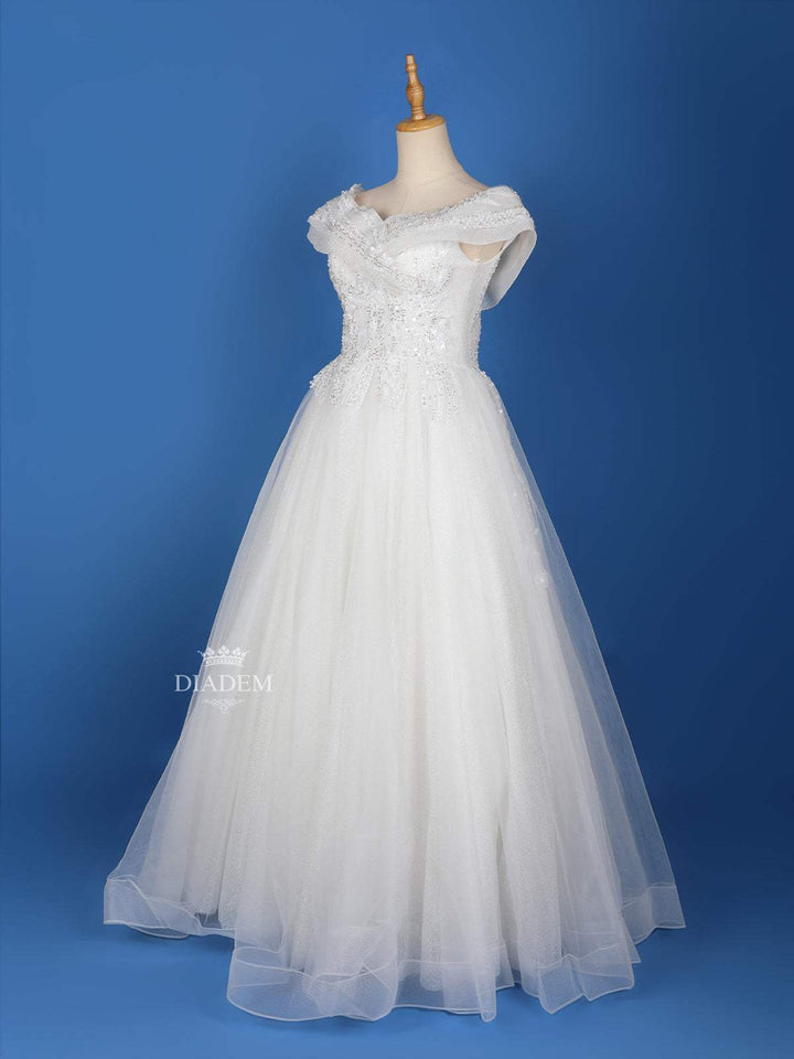 White Net Sequin Embroidery Designed Wedding Gown - Diadem