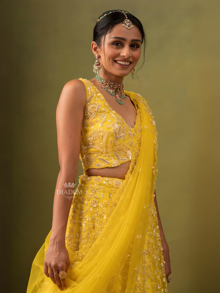 Floral Design Yellow Lehenga with Sleeveless Top