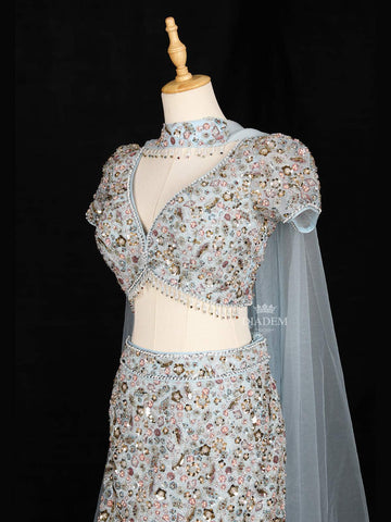 Sky Blue Mermaid Lehenga Adorned with Sequins and Beads Flower Design with Dupatta - Diadem