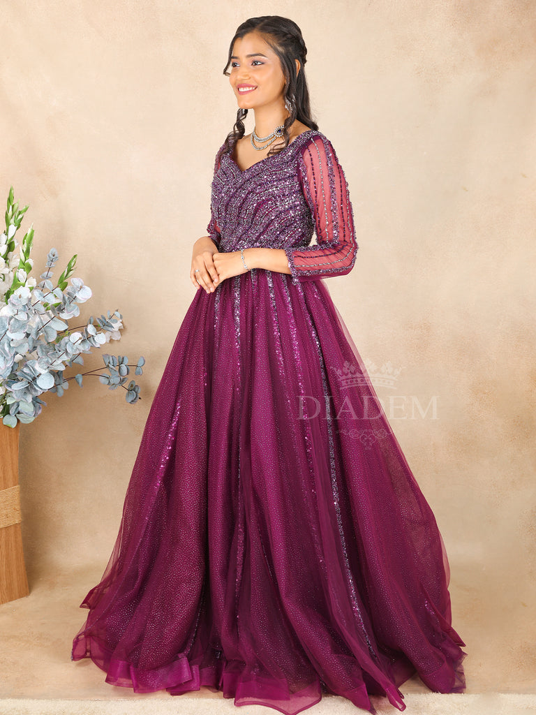 Sequins Embroidered Dark Purple Net Gown