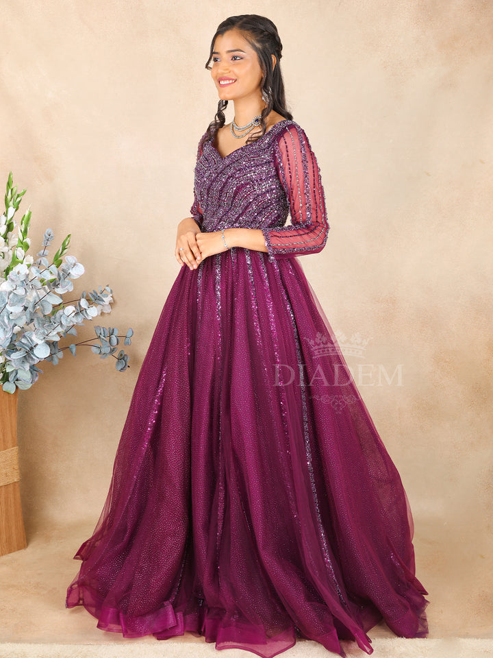 Sequins Embroidered Dark Purple Net Gown