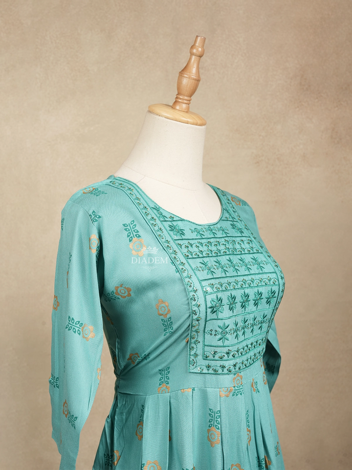 Sequins and Embroidery Cyan Blue Cotton