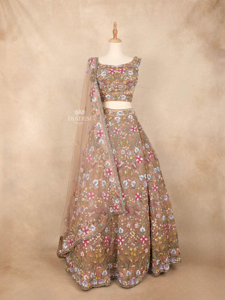 Champagne and Burgundy Couple Pair Set Dress Sequins and Floral Embroidered Lehenga and Sherwani - Diadem