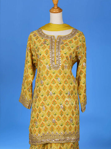 Yellow Sharara Salwar Suit Adorned with Floral Printed and Embroidery Designs, Paired with Dupatta - Diadem