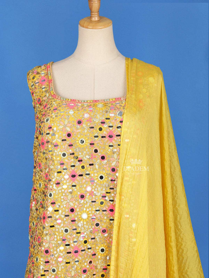 Yellow Sharara Salwar Suit Adorned with Mirror Embroidery work, Paired with Dupatta - Diadem