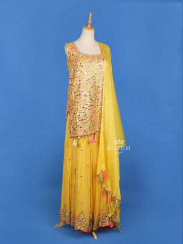 Yellow Sharara Salwar Suit Adorned with Mirror Embroidery work, Paired with Dupatta - Diadem