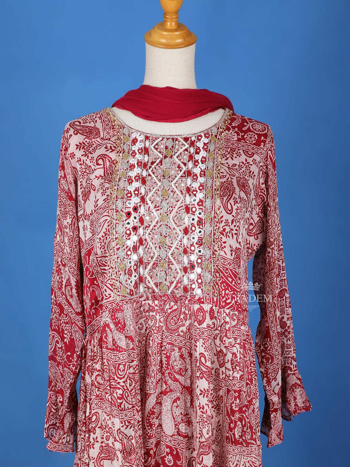 Red Cotton Sharara Salwar Suit for Women Adorned with Printed Floral Design, Mirror and sequins work, Paired with Dupatta - Diadem