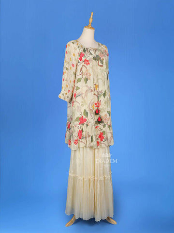 Ivory Sharara Salwar Suit for Women Adorned with Floral Printed Designs, with 3/4 Sleeve and U-Neck - Diadem