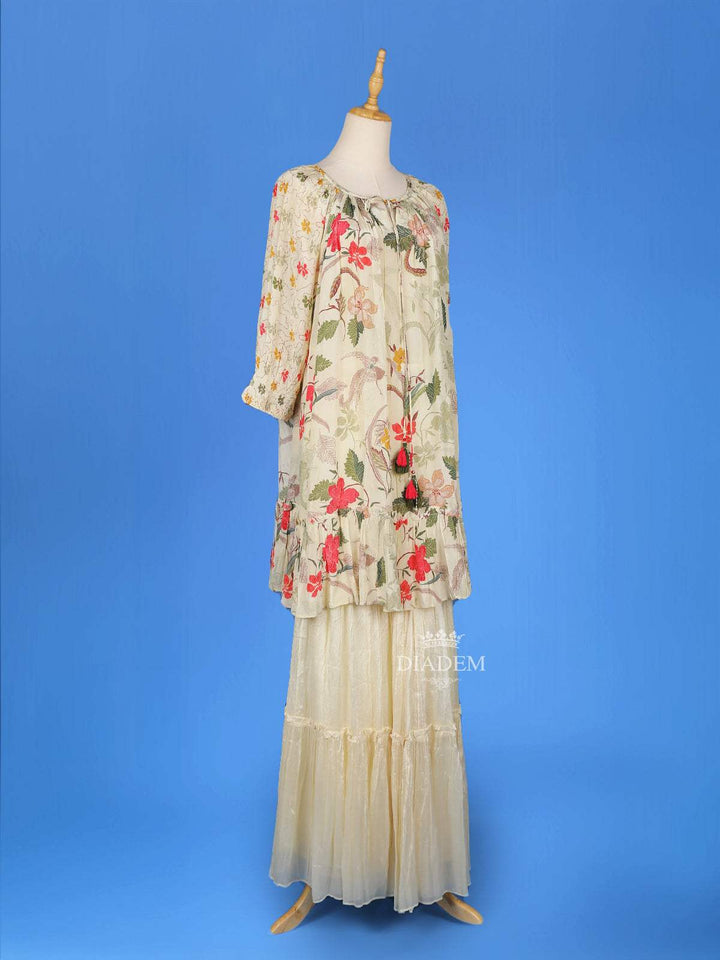 Ivory Sharara Salwar Suit for Women Adorned with Floral Printed Designs, with 3/4 Sleeve and U-Neck - Diadem