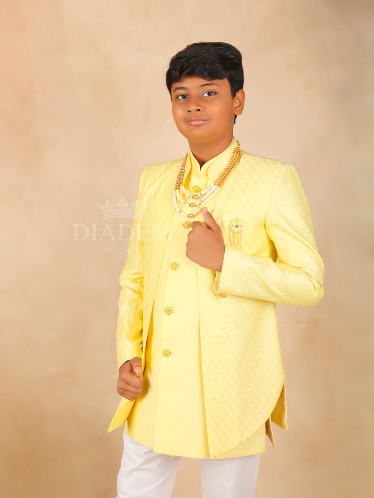 Yellow Sherwani and Pant Set in Jacquard Fabric