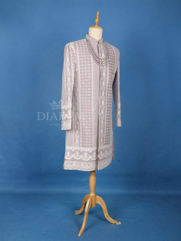 Lavender Cotton Floral Designed Sherwani Suit - Diadem