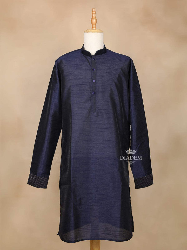 Dark Blue Raw Silk Indo-Western Sherwani Suit, with Brooch and Pant - Diadem