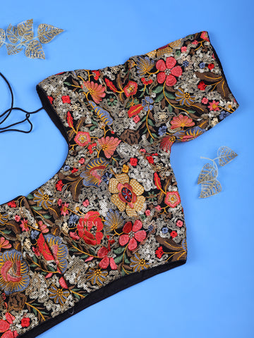 Floral Design Black Silk Blouse