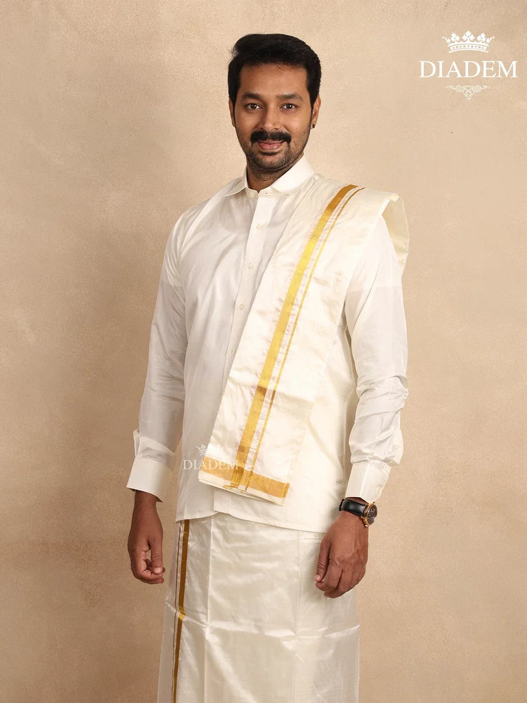 White Dhoti with Matching Shirt and Towel