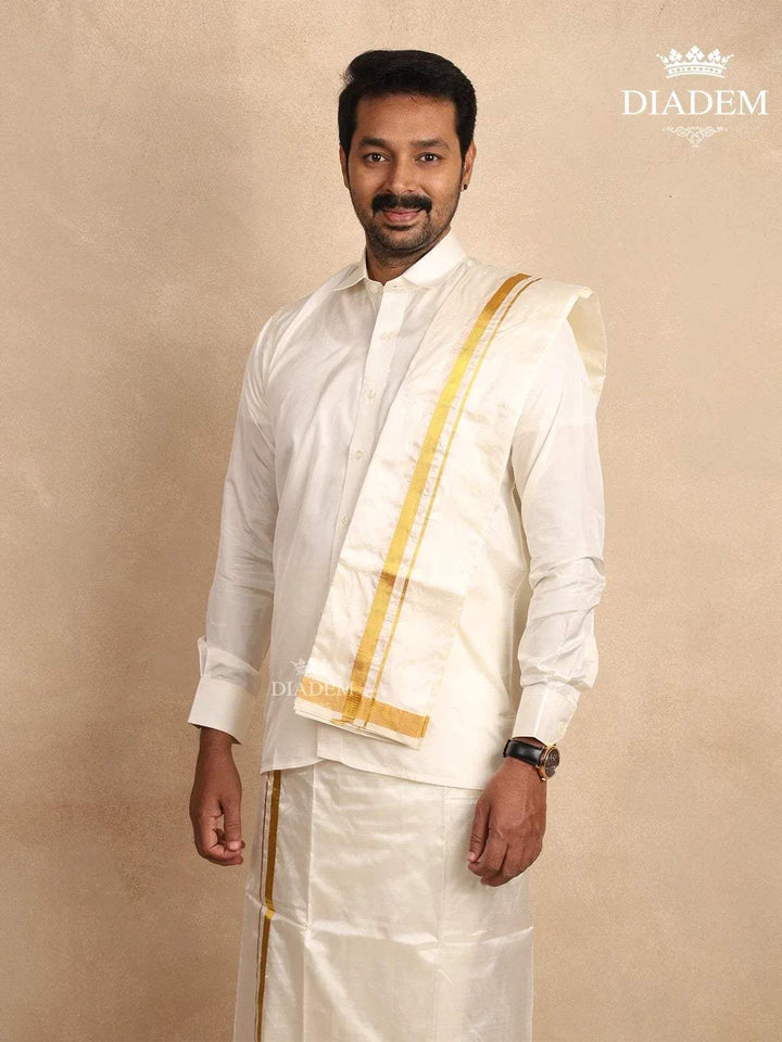 White Pure Silk Dhoti with Shirt, Paired with Towel - Diadem