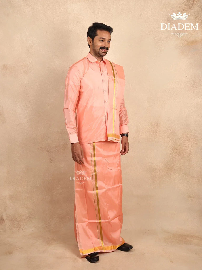 Silk Dhoti and Shirt Set in Peach with Towel