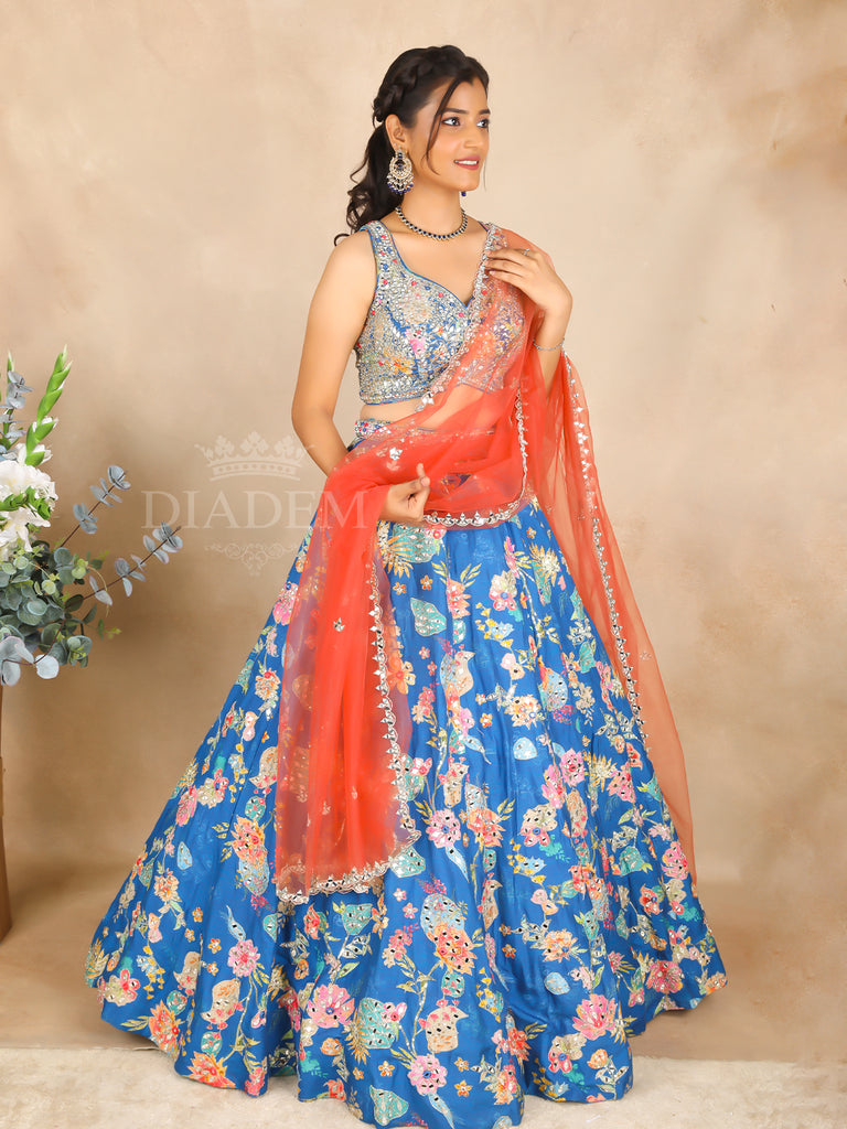 Silk Lehenga with Floral Motifs in Blue