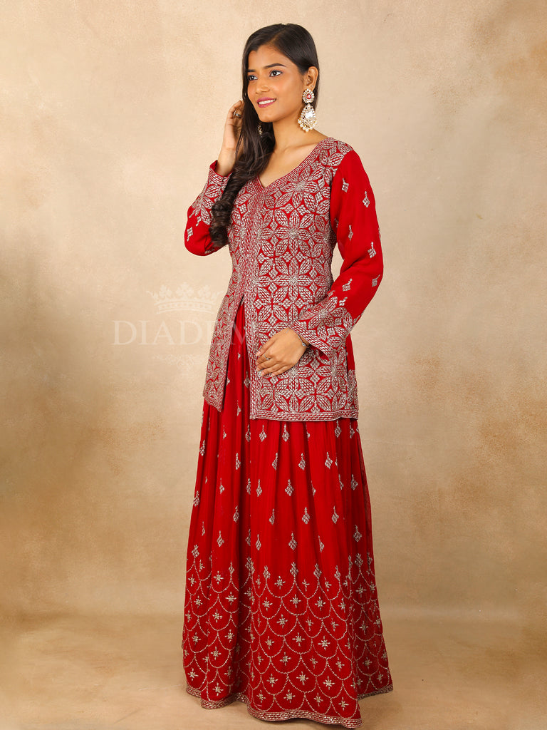 Red Lehenga with Floral Embroidery