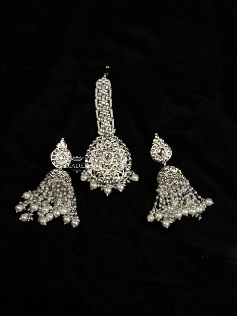 Silver Grey Earrings Set with Maang