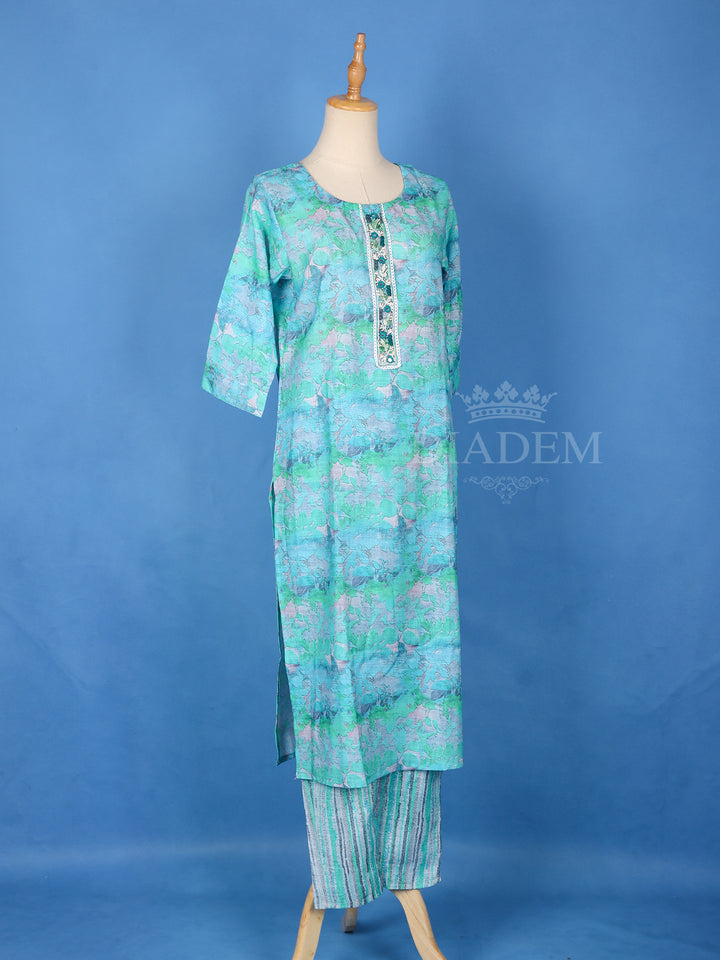 Sky Blue Cotton Printed Salwar Suit Round Neck