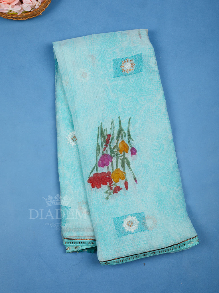 Sky Blue Floral Designed Crepe Saree