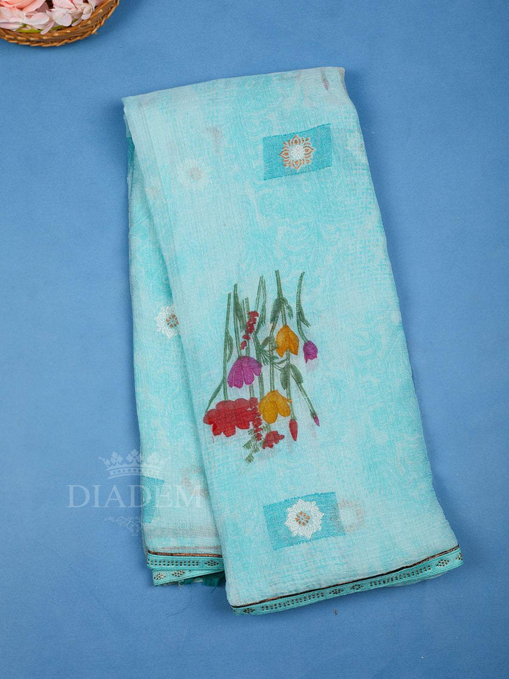 Sky Blue Floral Designed Crepe Saree - Diadem