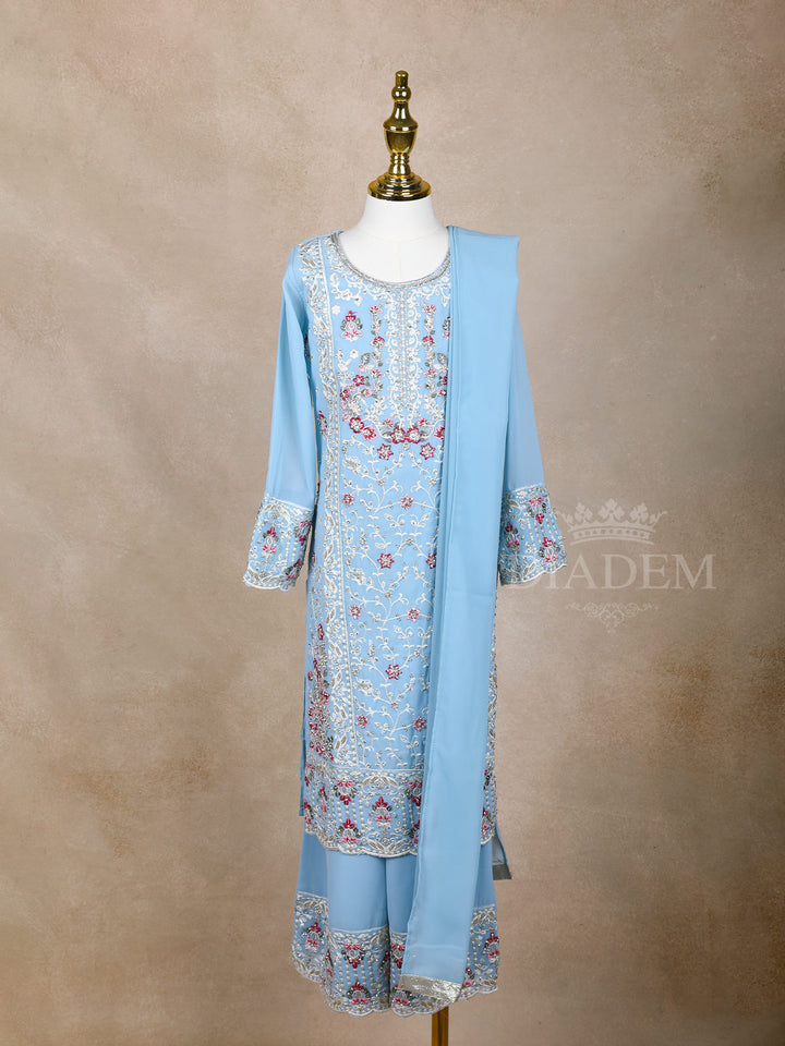 Sky Blue Floral Embroidered Palazzo Suit