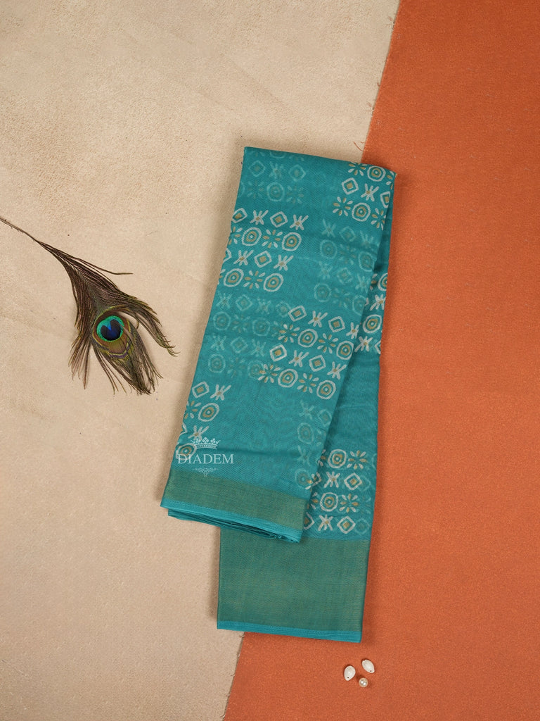 Sky Blue Linen Cotton Saree With Geometric Patterns